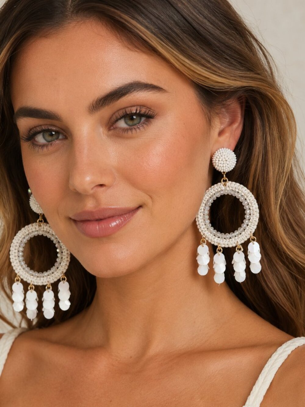 Cato Ivory Beaded Crochet Hoop Sequin Statement Earrings NWT